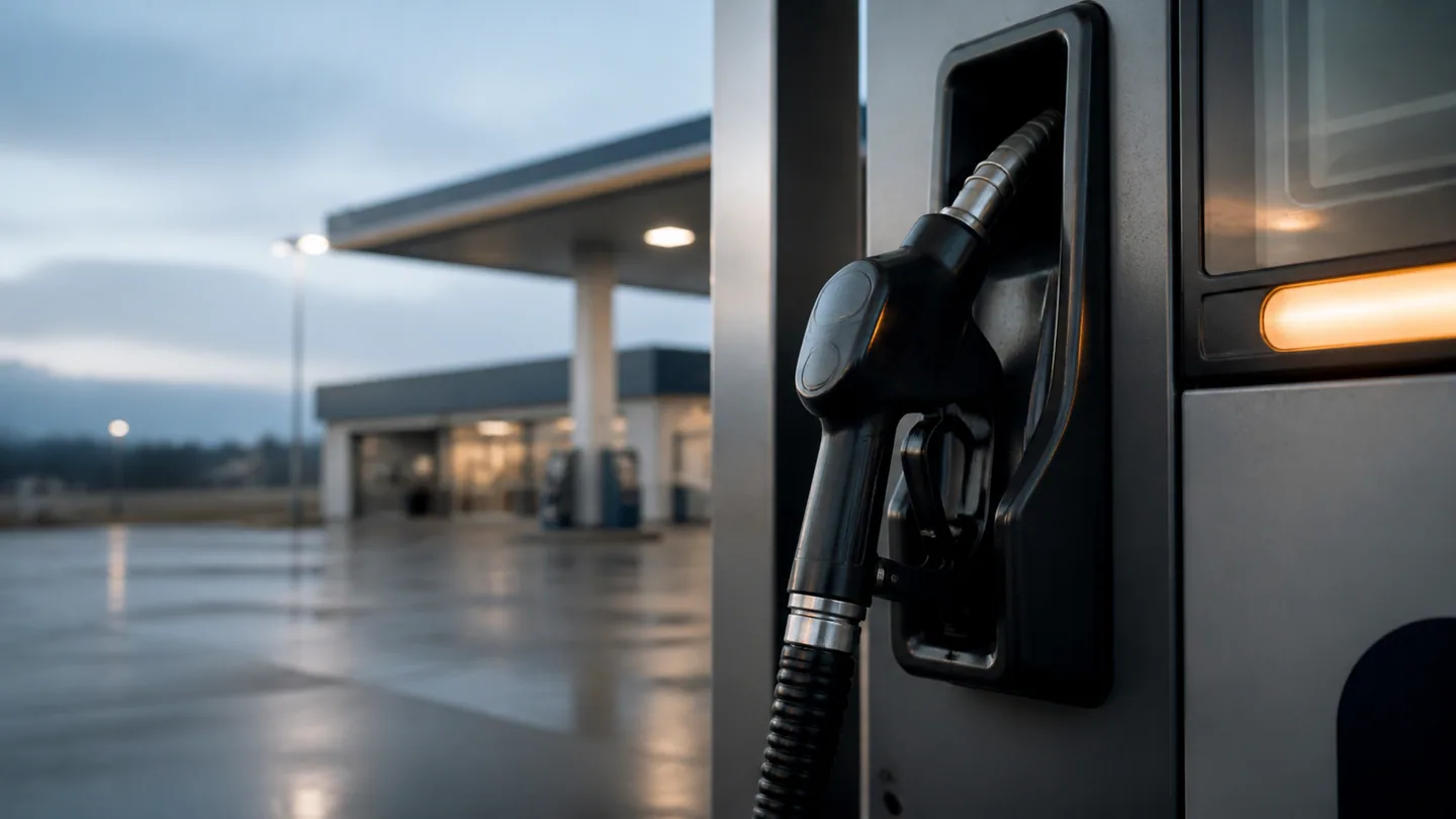 Surtidor de combustible en una estación vacía al amanecer