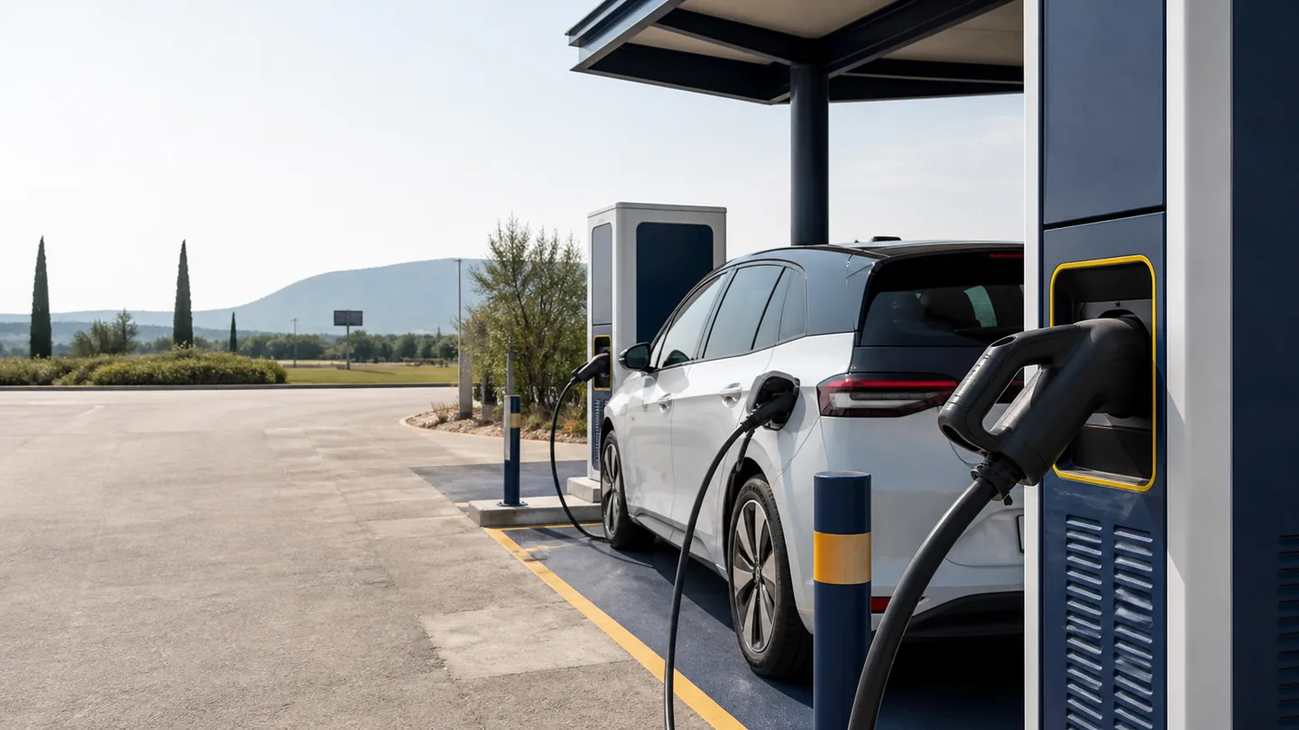 Coche eléctrico conectado a un cargador en una estación de carretera
