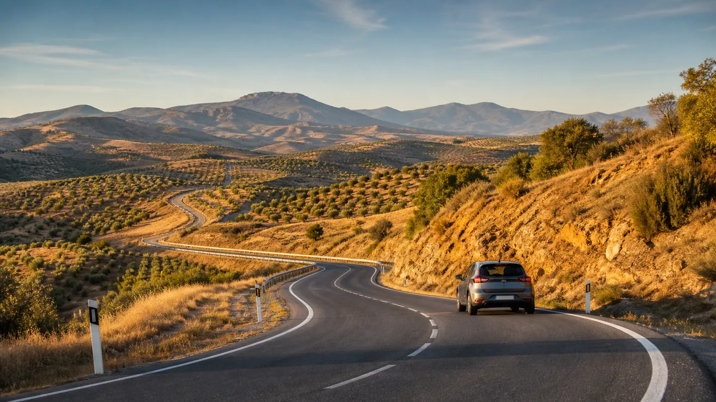 Carretera entre olivares y montañas, con un coche avanzando hacia el horizonte